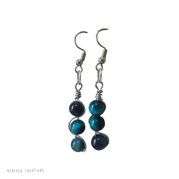 Wire-Wrapped Blue Tiger's Eye Dangle Earrings | Handmade - Picture 2 of 6